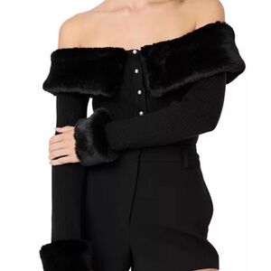 ASTR Tabitha Black Off-Shoulder Sweater with Faux Fur Trim